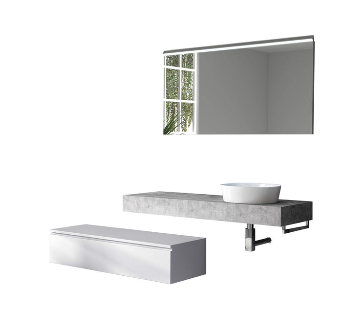Mobile Bagno Sospeso 220cm Top Con Lavabo, Base Con Cassetto E Specchio Con LED Integrato - Top cemento + base laccata bianco opaco