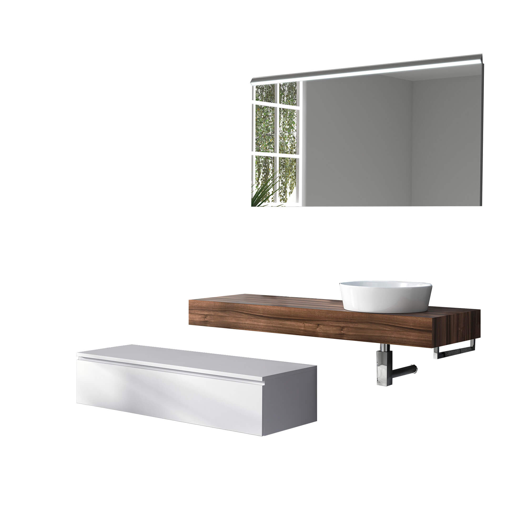 Mobile Bagno Sospeso 220cm Top Con Lavabo, Base Con Cassetto E Specchio Con LED Integrato - Top noce + base laccata bianco opaco