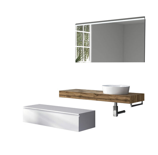 Mobile Bagno Sospeso 220cm Top Con Lavabo, Base Con Cassetto E Specchio Con LED Integrato - Top rovere miele + base laccata bianco opaco