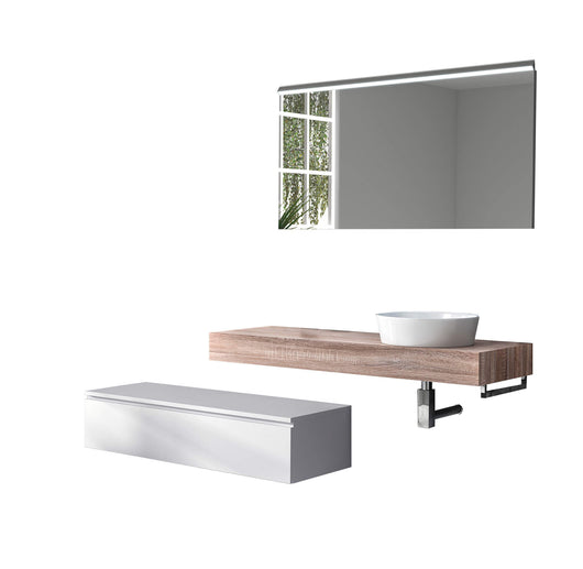 Mobile Bagno Sospeso 220cm Top Con Lavabo, Base Con Cassetto E Specchio Con LED Integrato - Top tabacco chiaro + base laccata bianco opaco