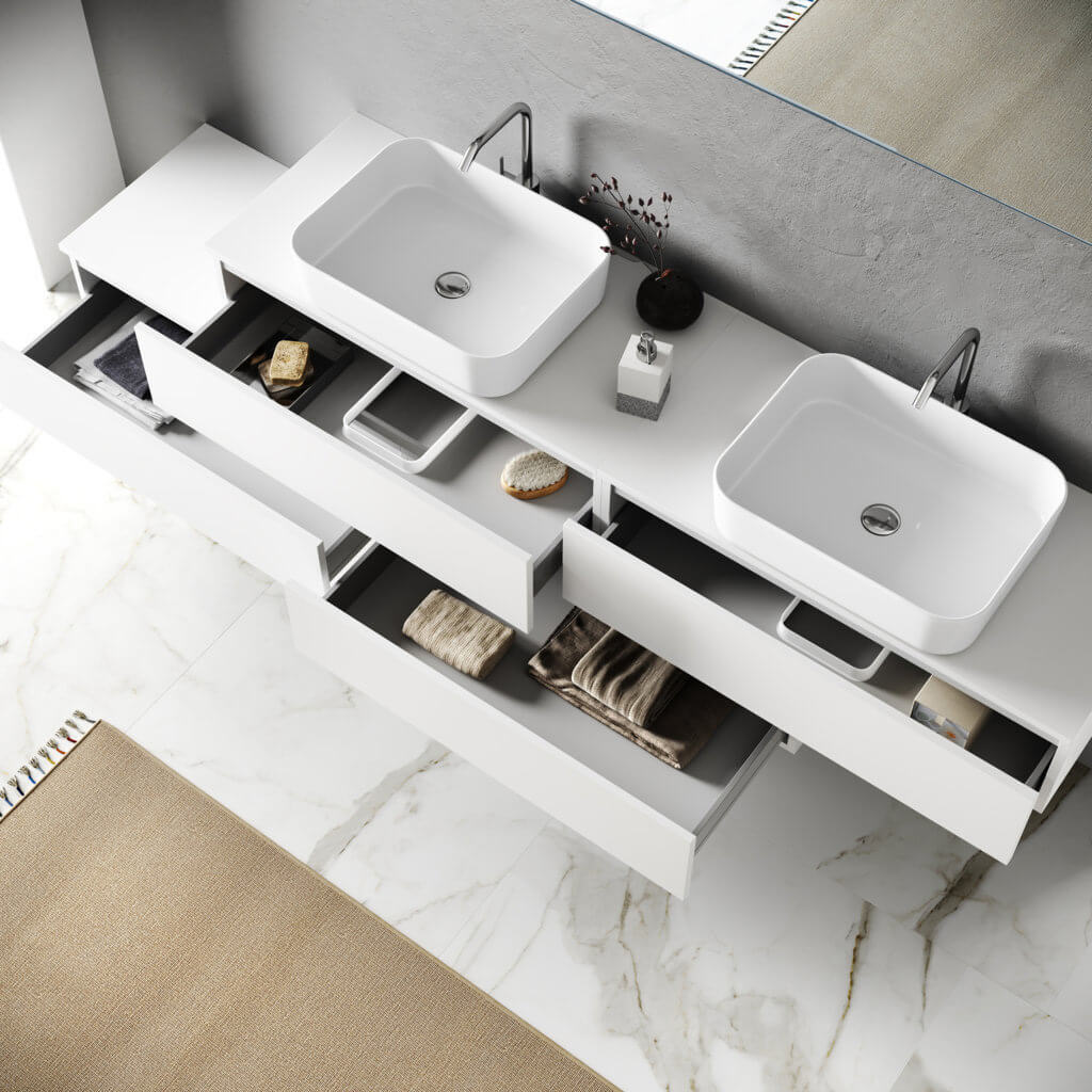 Composizione Mobile Bagno 225cm Sospesa Con Doppio Lavabo, Cassetti E Specchio - Avana Effetto Pietra