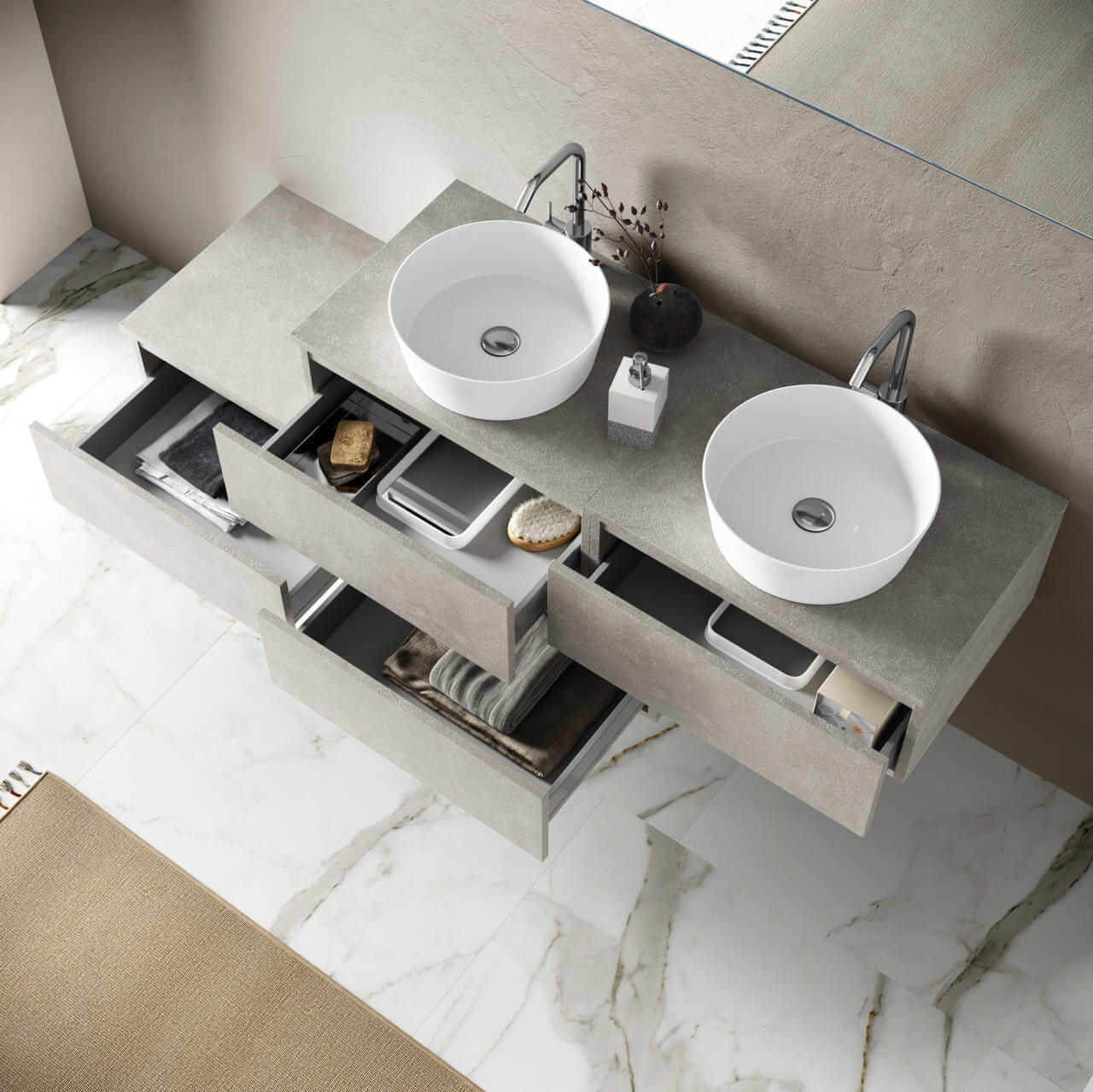 Composizione Bagno 225cm Sospesa Con Doppio Lavabo, Cassetti E Specchio - Rovere Miele