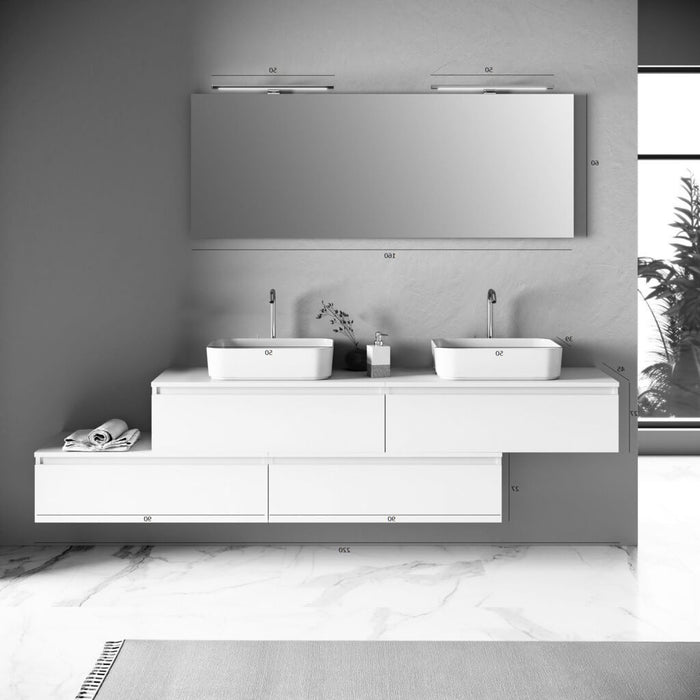 Composizione Mobile Bagno 225cm Sospesa Con Doppio Lavabo, Cassetti E Specchio - Avana Effetto Pietra