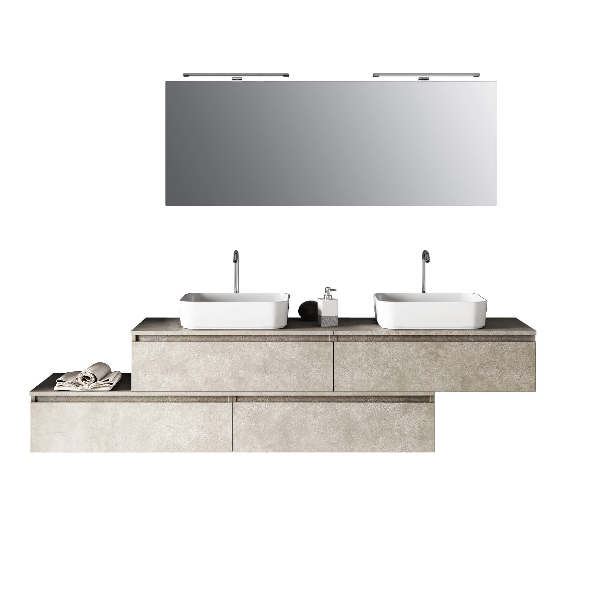 Composizione Mobile Bagno 225cm Sospesa Con Doppio Lavabo, Cassetti E Specchio - Rovere Miele