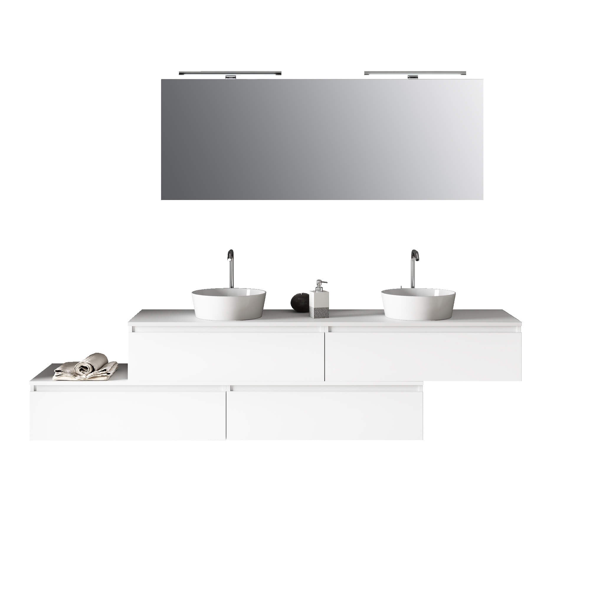 Composizione Bagno 225cm Sospesa Con Doppio Lavabo, Cassetti E Specchio - Bianco