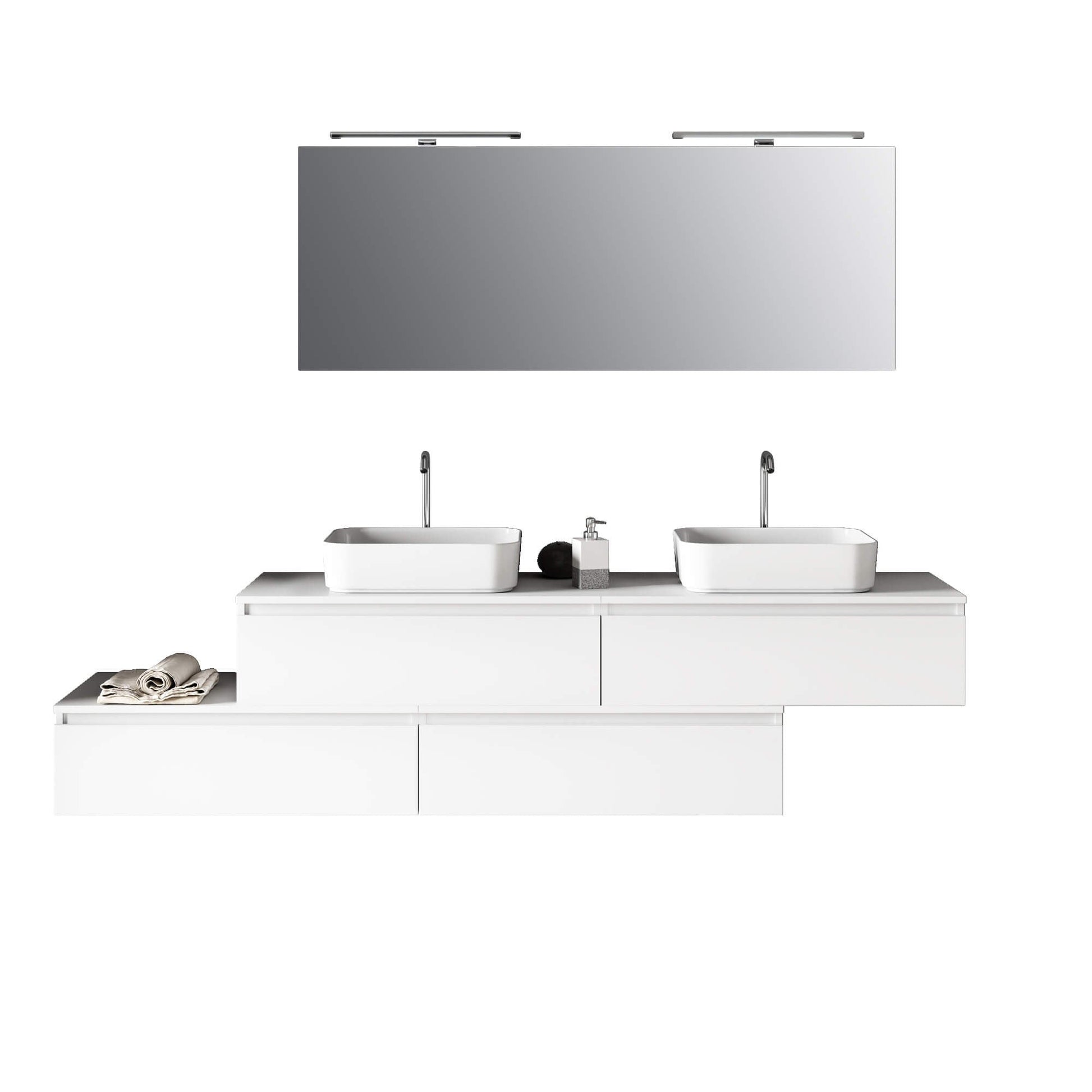 Composizione Mobile Bagno 225cm Sospesa Con Doppio Lavabo, Cassetti E Specchio - Bianco