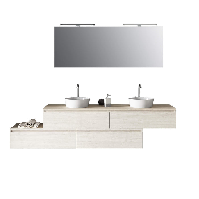 Composizione Bagno 225cm Sospesa Con Doppio Lavabo, Cassetti E Specchio - Sherwood Naturale