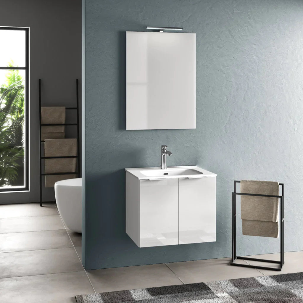 Composizione Mobile Bagno 80cm Sospeso Con 2 Ante e Specchio con Lampada - Bianco Laccato Lucido