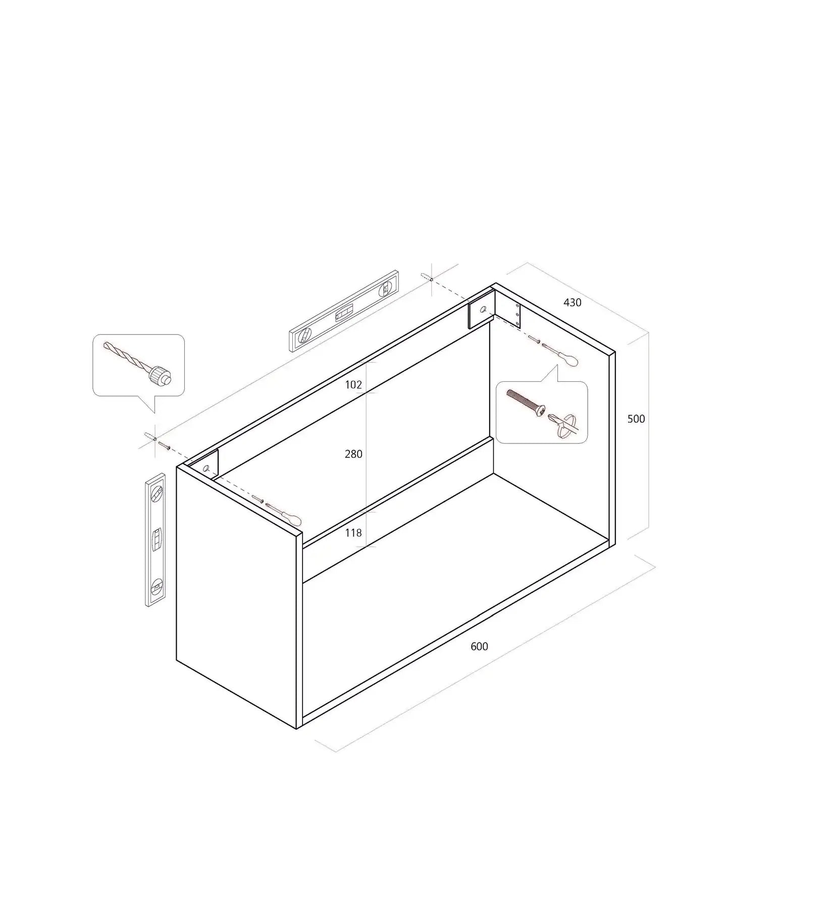 Mobile Bagno 60cm Sospeso Con 2 Cassetti e Specchio con Lampada LED - Cemento