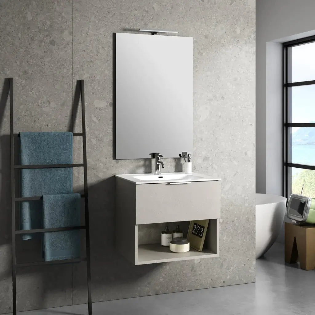 Mobile Bagno 60cm Sospeso Con Cassetto, Vano E Specchio - Avana Effetto Pietra