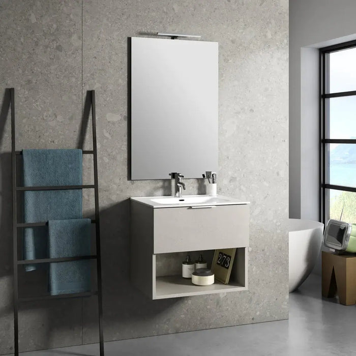 Mobile Bagno 60cm Sospeso Con Cassetto, Vano E Specchio - Avana Effetto Pietra