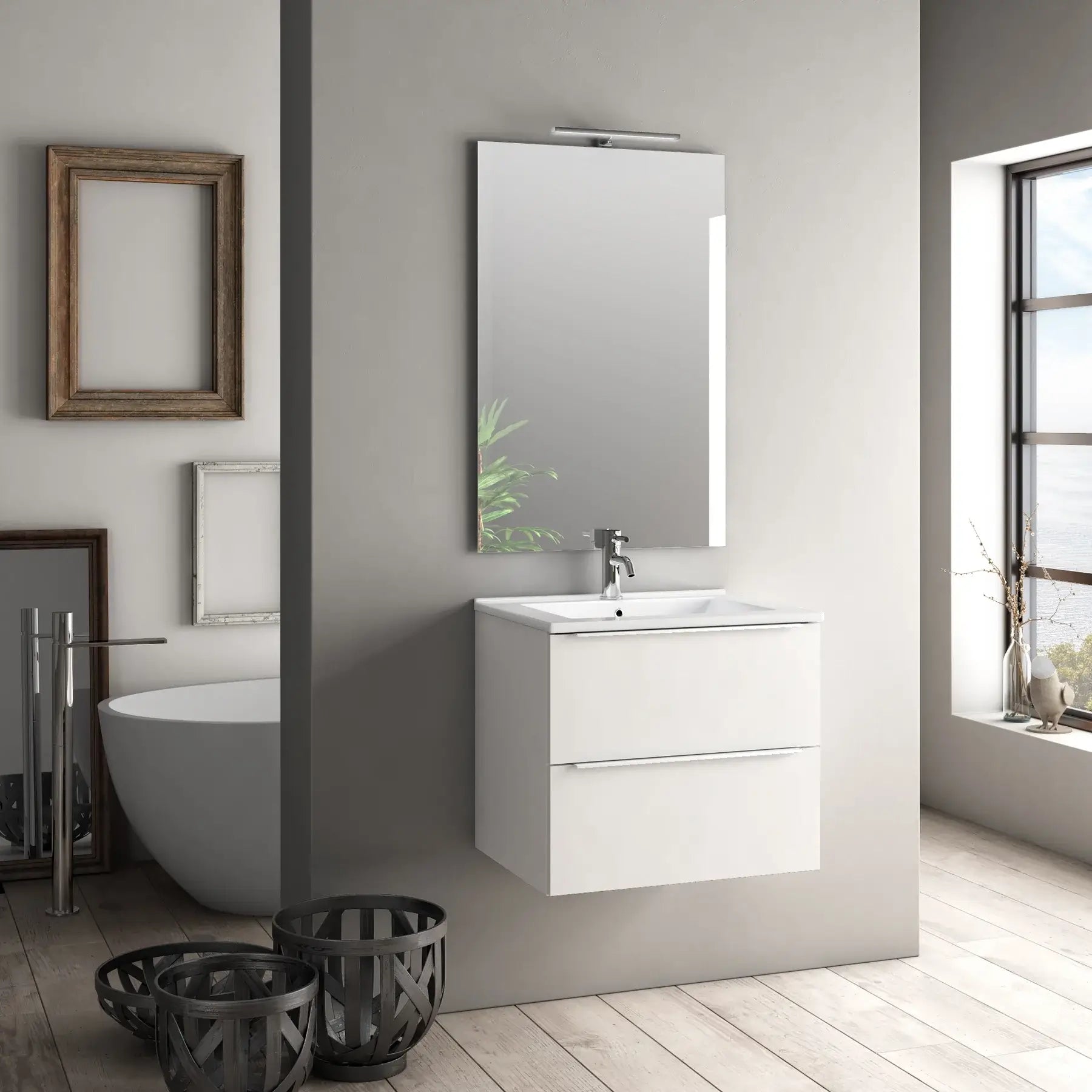 Mobile Bagno 60cm Sospeso Con 2 Cassetti e Specchio con Lampada LED - Bianco Laccato Lucido