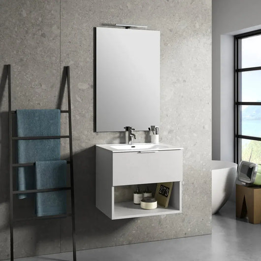 Mobile Bagno 60cm Sospeso Con Cassetto, Vano E Specchio - Bianco Effetto Pietra