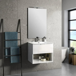 Mobile Bagno 60cm Sospeso Con Cassetto, Vano E Specchio - Bianco Laccato Lucido