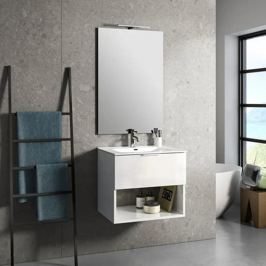 Mobile Bagno 60cm Sospeso Con Cassetto, Vano E Specchio - Bianco Laccato Lucido