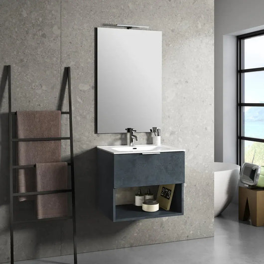 Mobile Bagno 60cm Sospeso Con Cassetto, Vano E Specchio - Blu Effetto Pietra