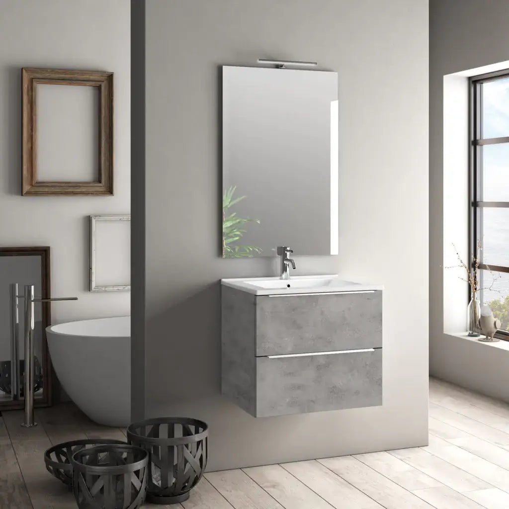 Mobile Bagno 60cm Sospeso Con 2 Cassetti e Specchio con Lampada LED - Cemento