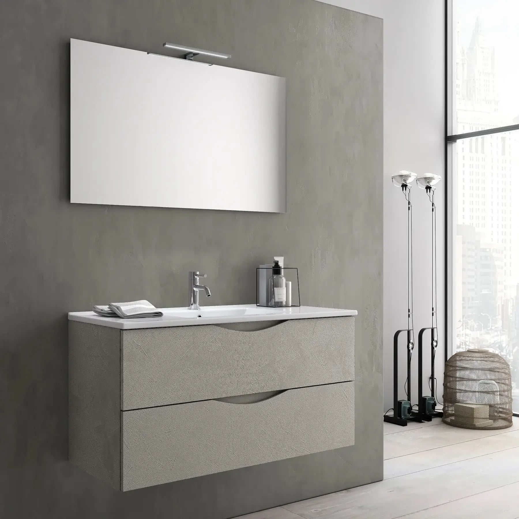 Mobile Bagno Sospeso Effetto Pietra 80cm Due Cassetti e Specchio con Lampada - Avana Effetto Pietra