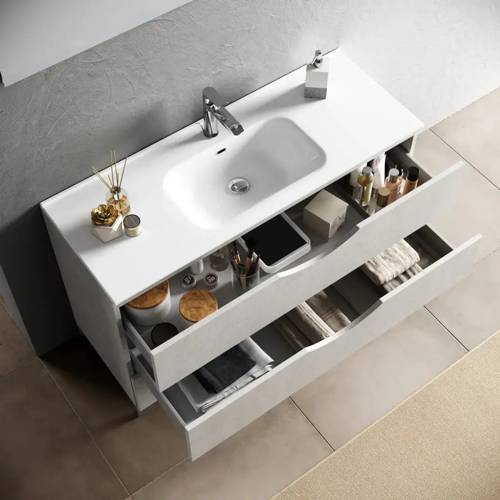 Mobile Bagno Sospeso Effetto Pietra 80cm Due Cassetti e Specchio con Lampada - Avana Effetto Pietra