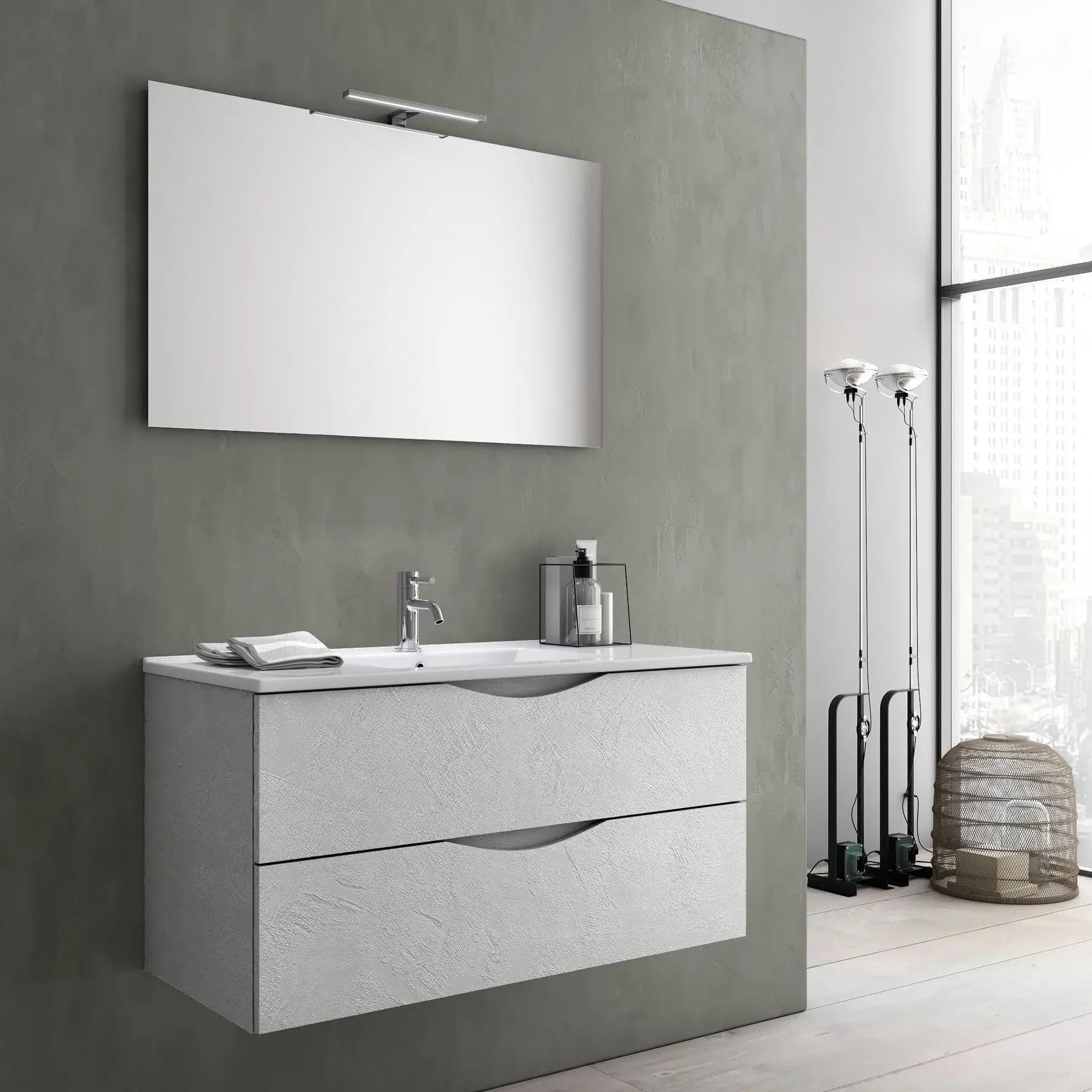 Composizione Bagno Sospesa Effetto Pietra 100cm - Bianco Effetto Pietra