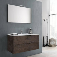 Mobile Bagno Sospeso Effetto Pietra 80cm Due Cassetti e Specchio con Lampada - Marrone Effetto Pietra