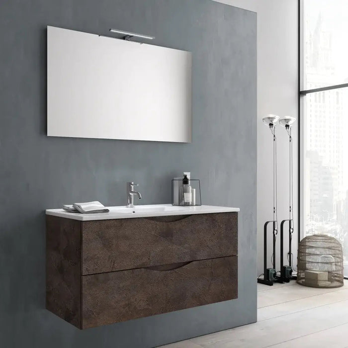 Mobile Bagno Sospeso Effetto Pietra 80cm Due Cassetti e Specchio con Lampada - Marrone Effetto Pietra