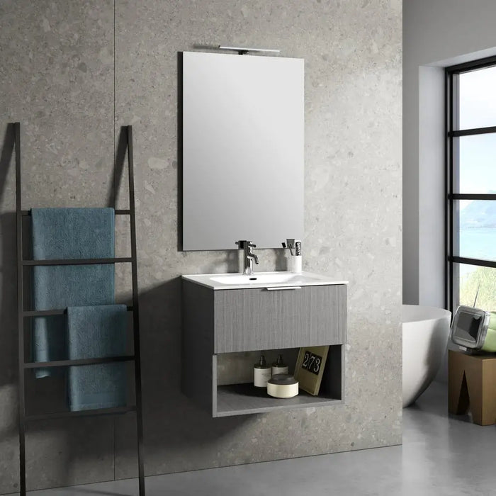 Mobile Bagno 60cm Sospeso Con Cassetto, Vano E Specchio - Grigio