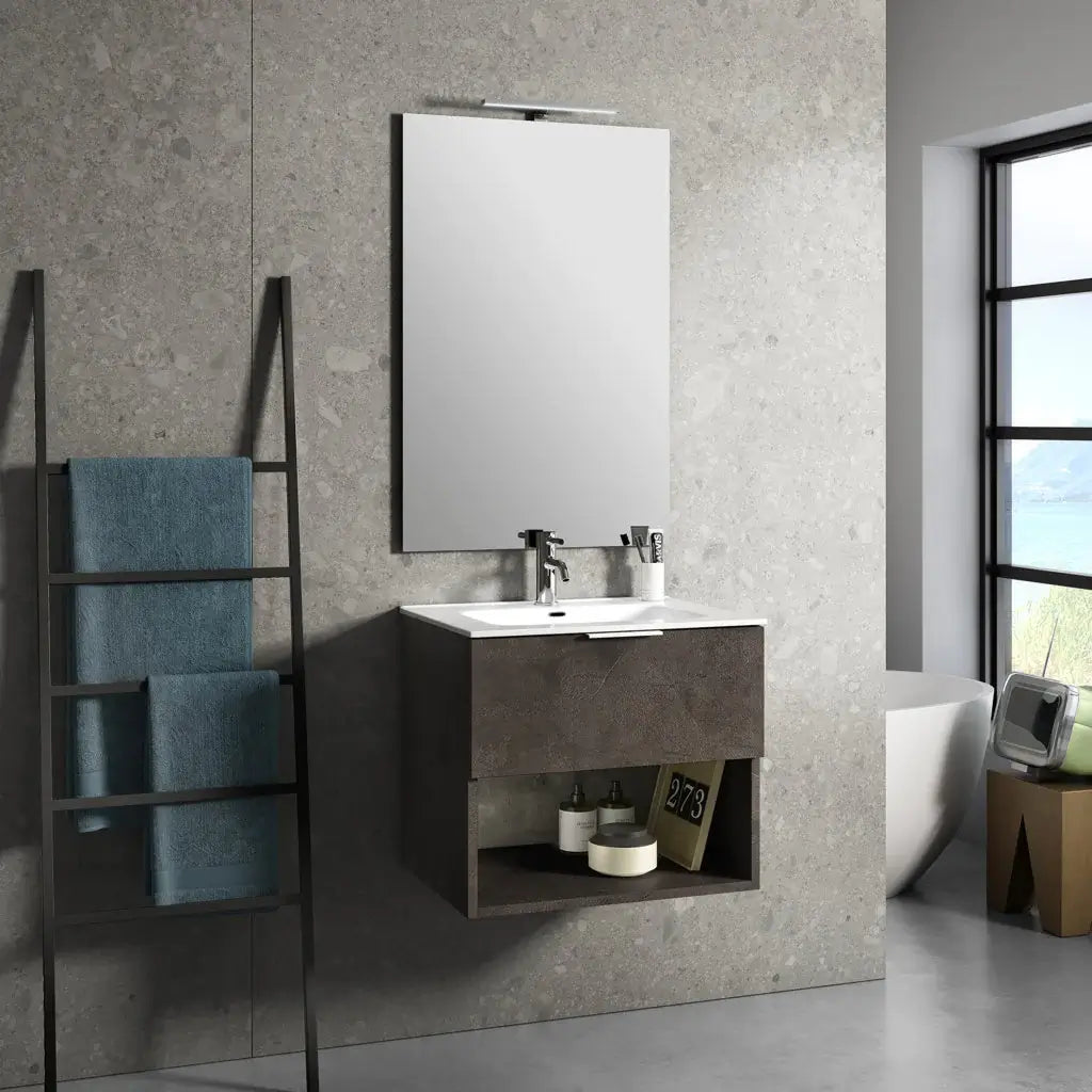 Mobile Bagno 60cm Sospeso Con Cassetto, Vano E Specchio - Marrone Effetto Pietra