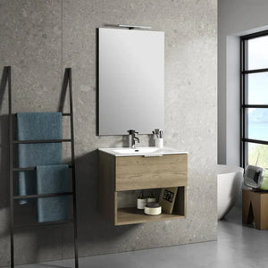 Mobile Bagno 60cm Sospeso Con Cassetto, Vano E Specchio - Rovere Miele