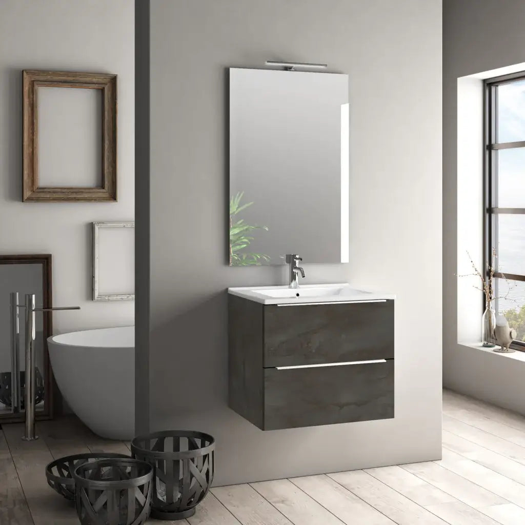 Mobile Bagno 60cm Sospeso Con 2 Cassetti e Specchio con Lampada LED - Ossido