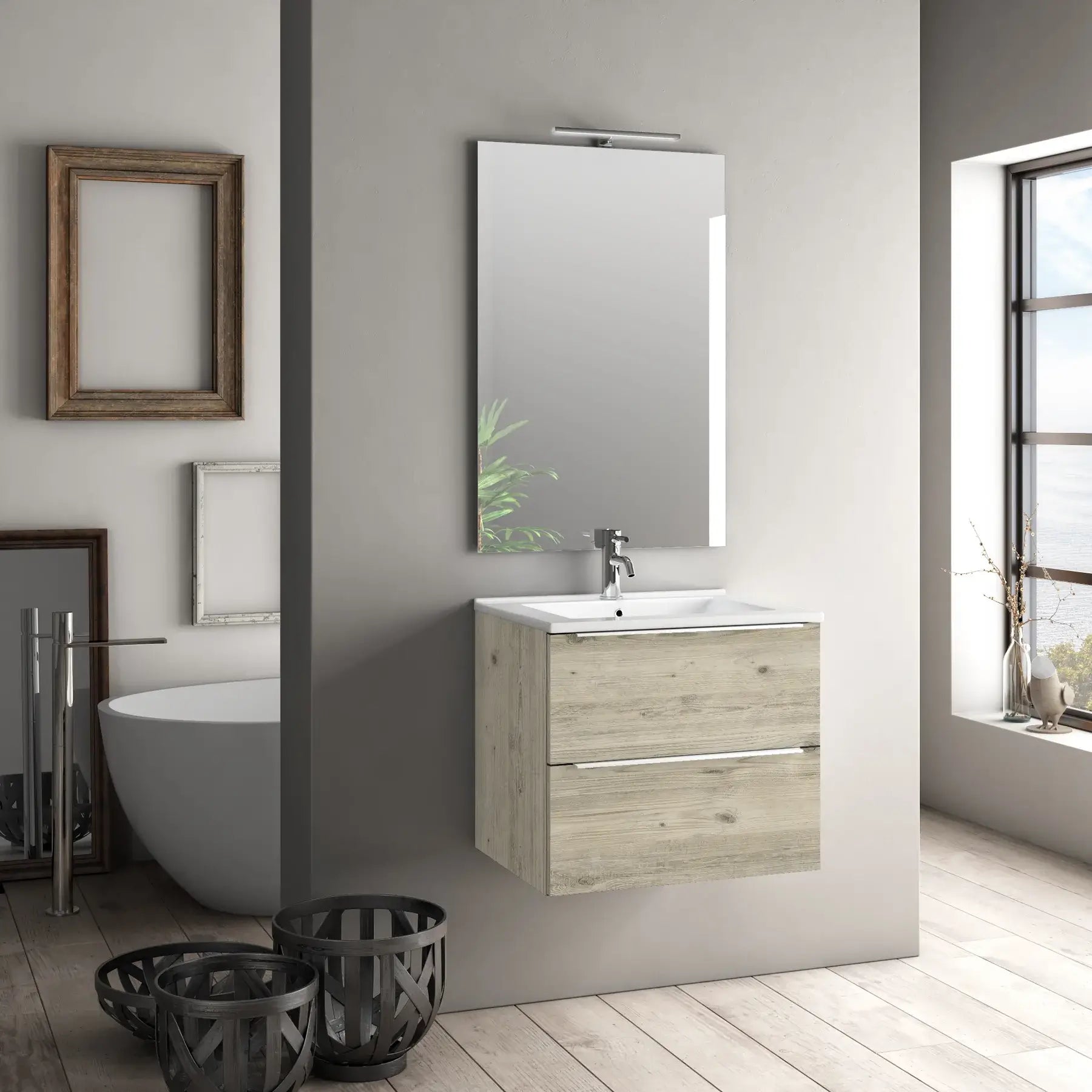 Mobile Bagno 60cm Sospeso Con 2 Cassetti e Specchio con Lampada LED - Pino Artico