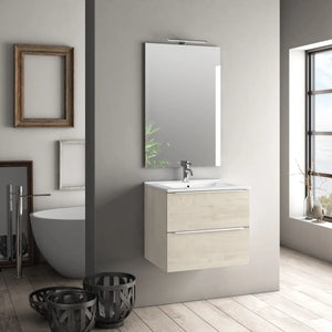 Mobile Bagno 60cm Sospeso Con 2 Cassetti e Specchio con Lampada LED - Rovere Alaska