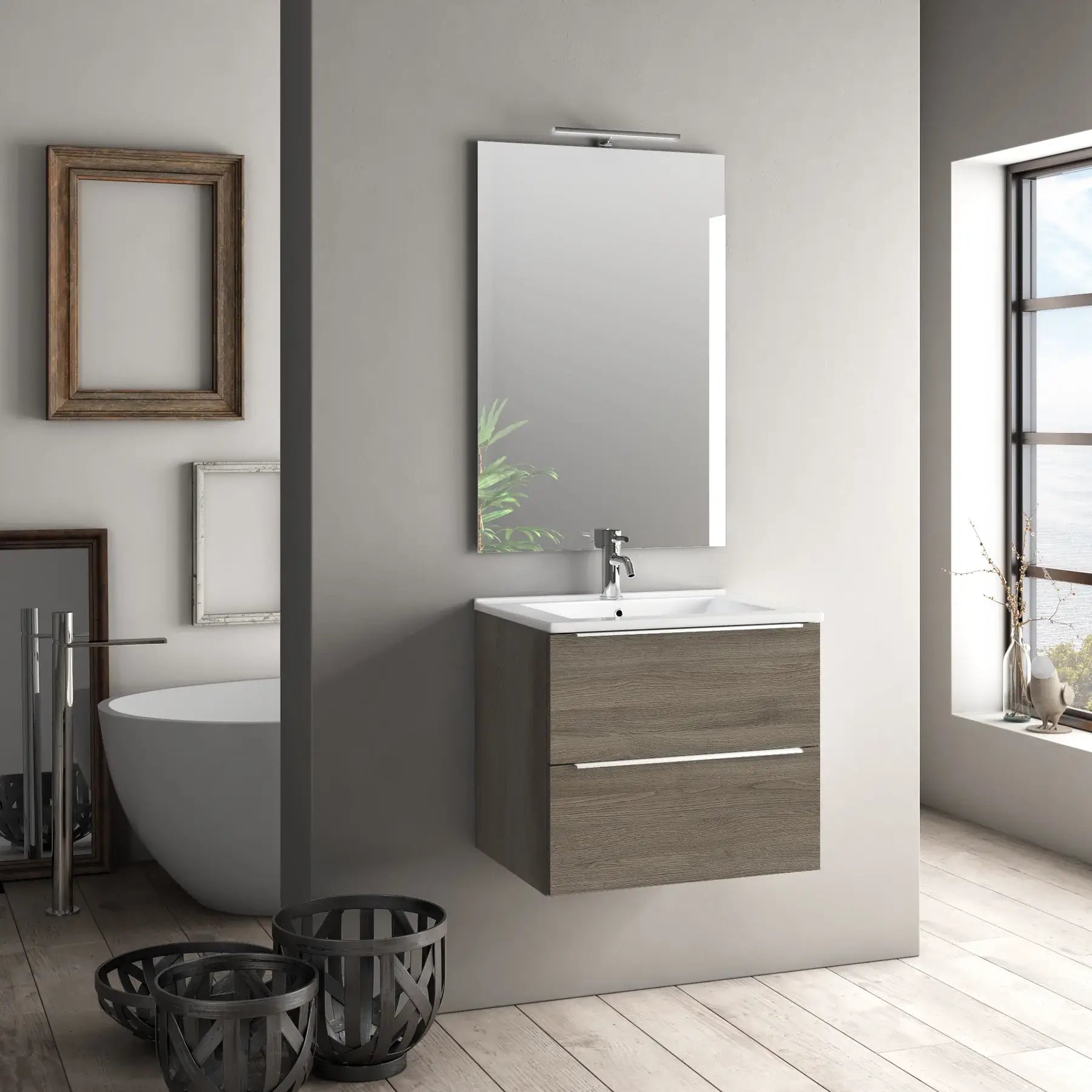 Mobile Bagno 60cm Sospeso Con 2 Cassetti e Specchio con Lampada LED - Rovere Cenere
