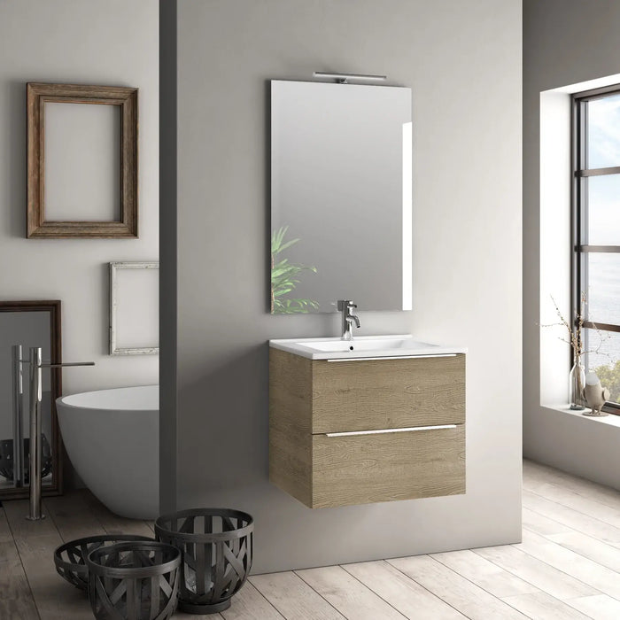 Mobile Bagno 60cm Sospeso Con 2 Cassetti e Specchio con Lampada LED - Rovere Miele