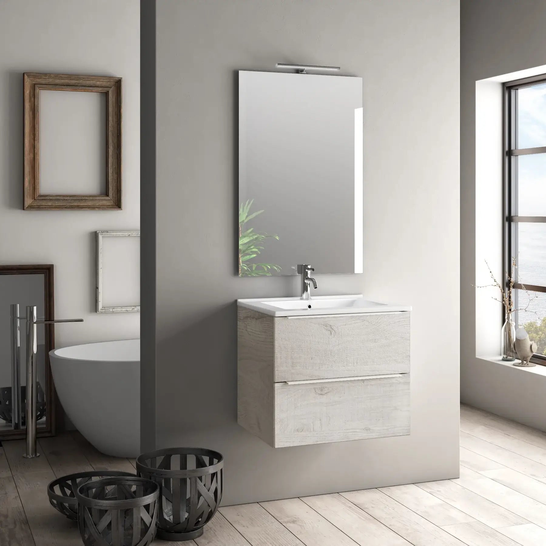 Mobile Bagno 60cm Sospeso Con 2 Cassetti e Specchio con Lampada LED - Sherwood