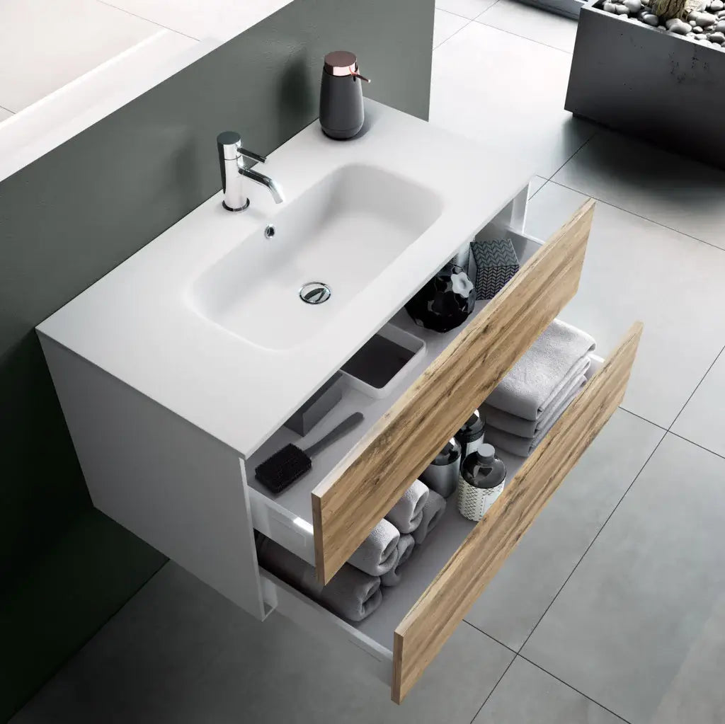 Mobile Bagno 80cm Sospeso Due Cassetti e Specchio - Pino Artico