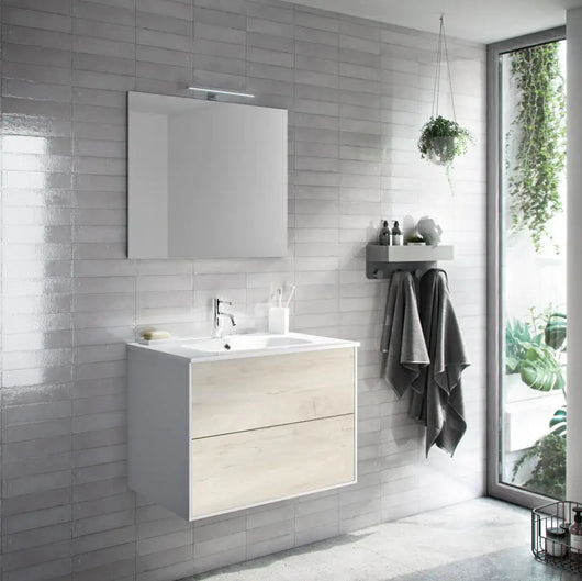 Mobile Bagno 60cm Sospeso Due Cassetti e Specchio - Rovere Alaska