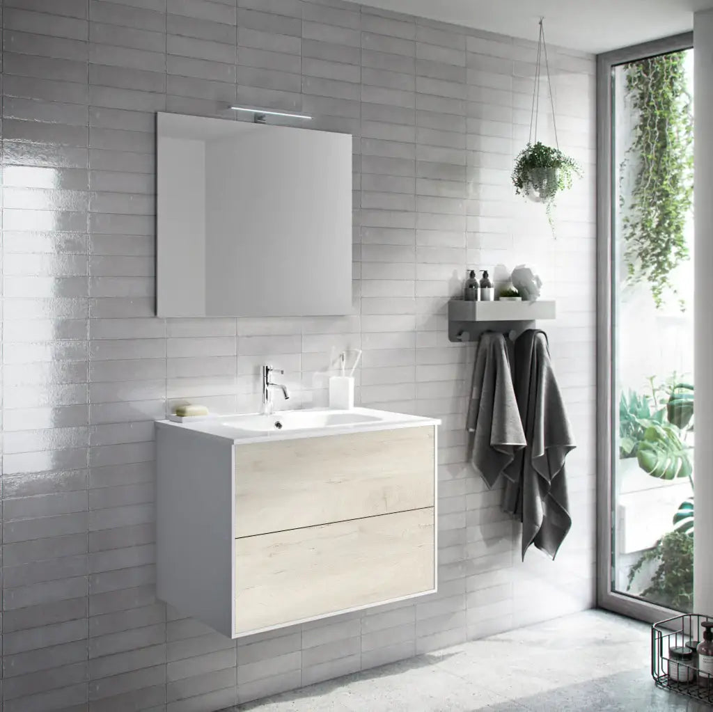 Mobile Bagno 80cm Sospeso Due Cassetti e Specchio - Rovere Alaska