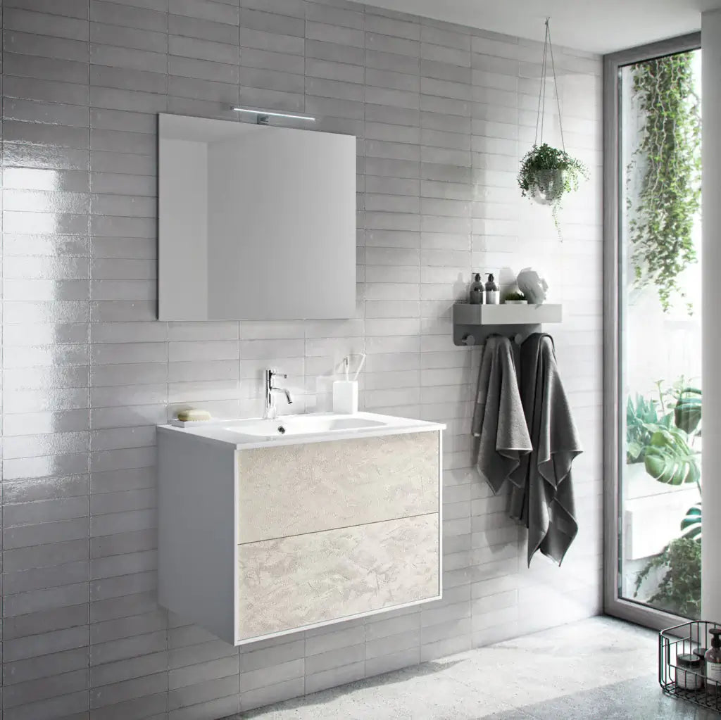 Mobile Bagno 60cm Sospeso Due Cassetti e Specchio - Avana Effetto Pietra