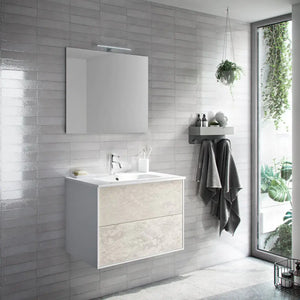 Mobile Bagno 60cm Sospeso Due Cassetti e Specchio - Avana Effetto Pietra