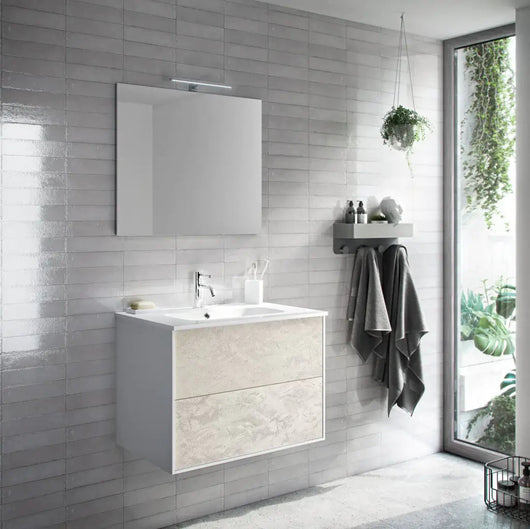 Mobile Bagno 80cm Sospeso Due Cassetti e Specchio - Avana Effetto Pietra