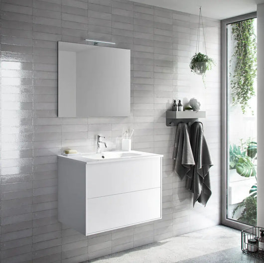 Mobile Bagno 60cm Sospeso Due Cassetti e Specchio - Bianco Opaco