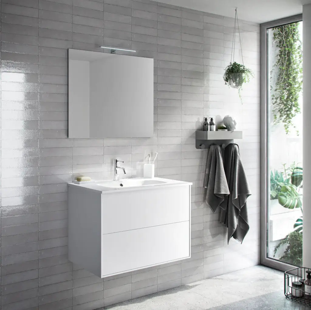 Mobile Bagno 80cm Sospeso Due Cassetti e Specchio - Bianco Opaco