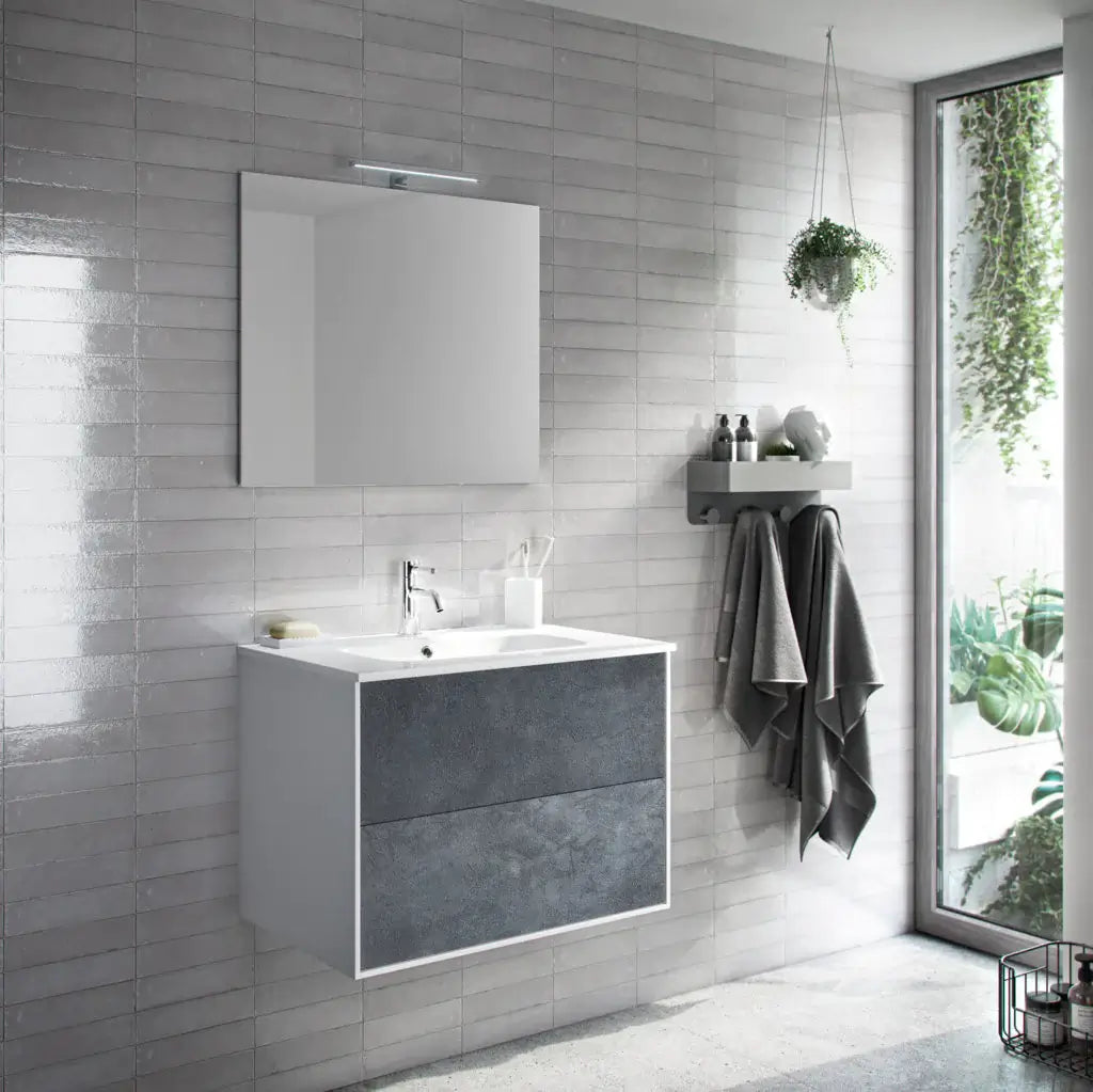 Composizione Mobile Bagno 70cm Sospeso Due Cassetti e Specchio - Blu Effetto Pietra