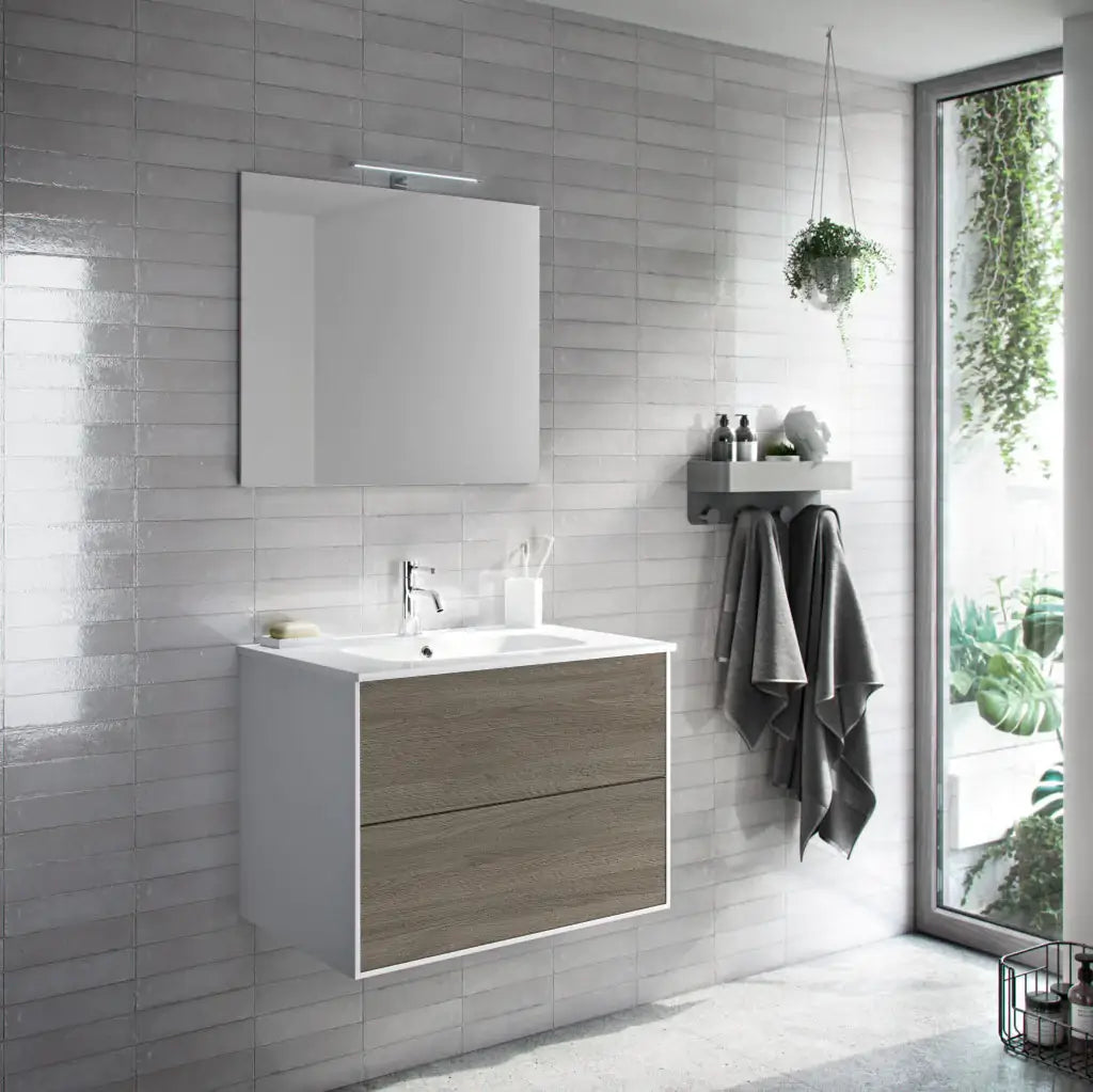 Composizione Mobile Bagno 70cm Sospeso Due Cassetti e Specchio - Rovere Cenere