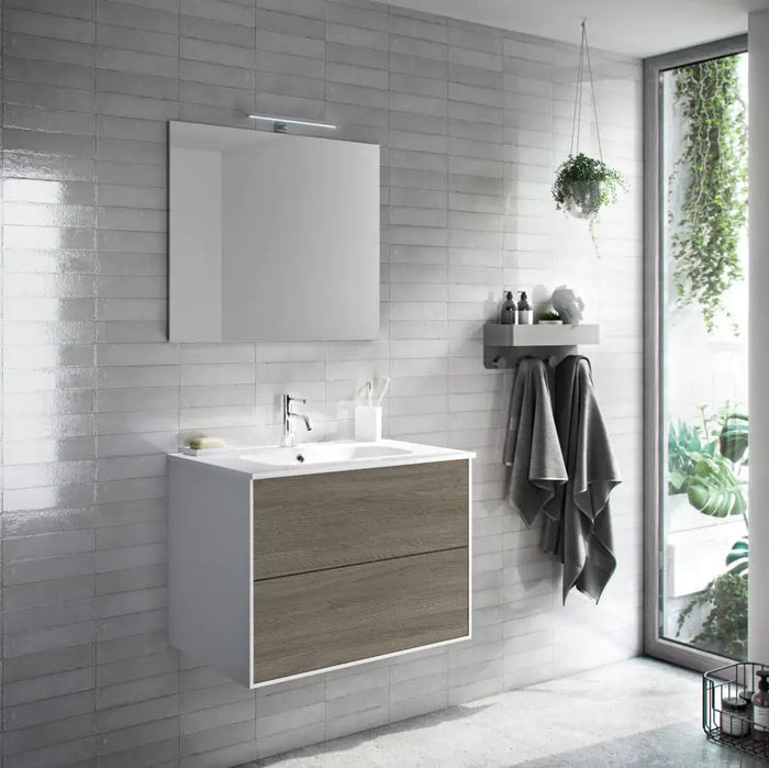 Composizione Mobile Bagno 70cm Sospeso Due Cassetti e Specchio - Rovere Cenere