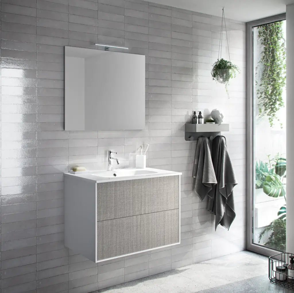 Composizione Mobile Bagno 70cm Sospeso Due Cassetti e Specchio - Grigio Londra