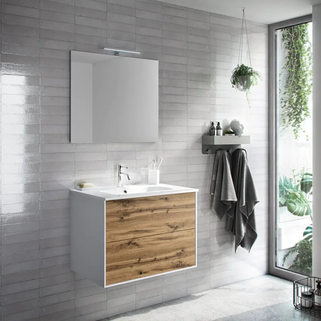 Composizione Mobile Bagno 70cm Sospeso Due Cassetti e Specchio - Rovere Miele