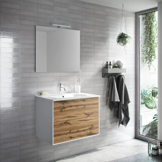 Mobile Bagno 80cm Sospeso Due Cassetti e Specchio - Rovere Miele