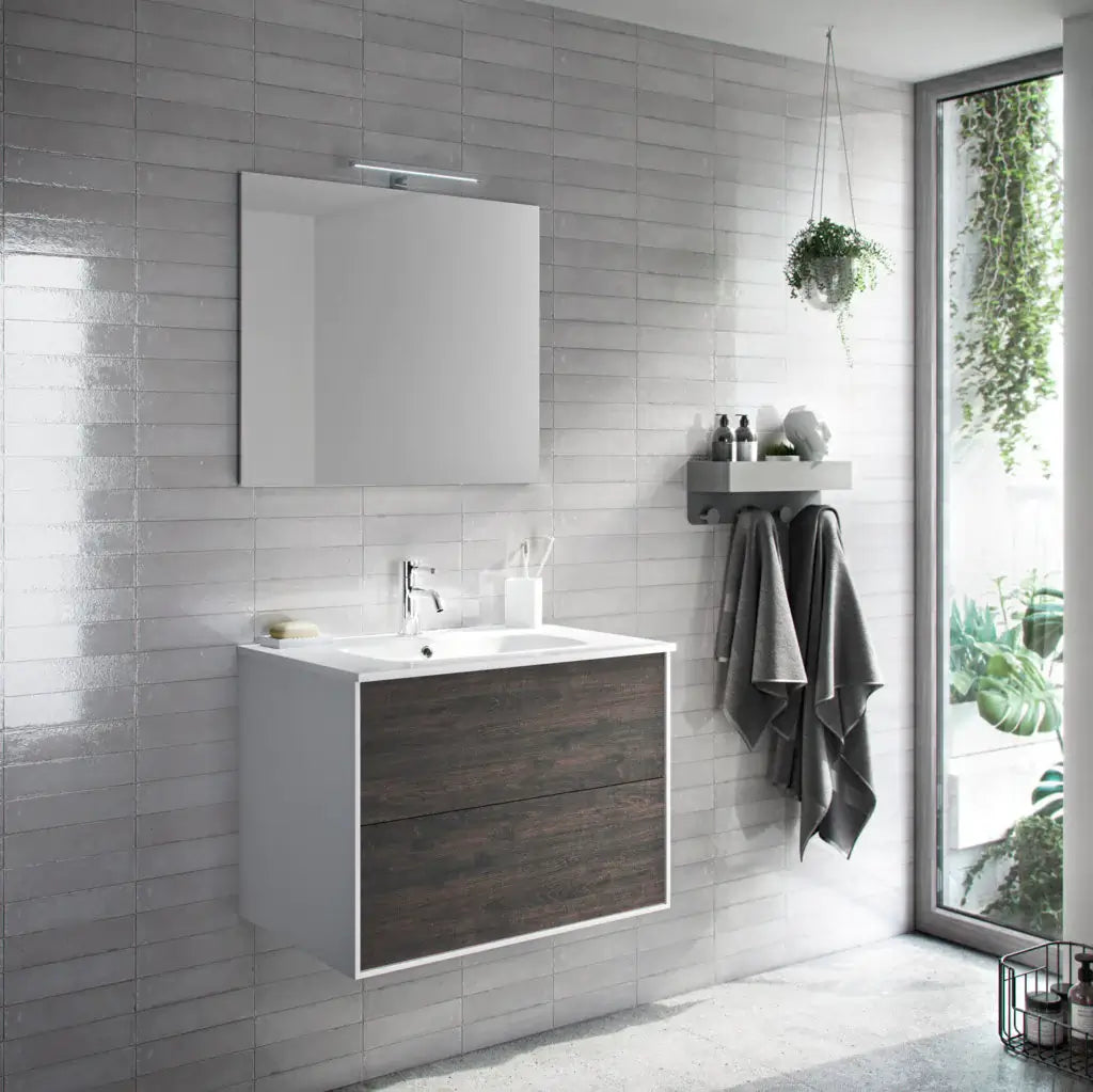 Mobile Bagno 80cm Sospeso Due Cassetti e Specchio - Testa di Moro